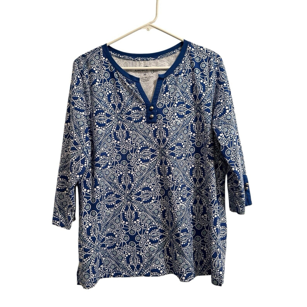 Coral Bay Geometric Tunic Womens Medium 3/4 Sleeves Blue & White